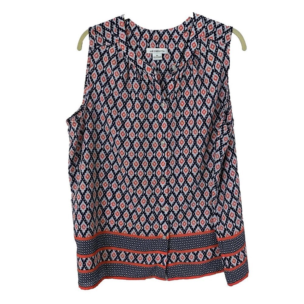 Liz Claiborne Women Top XL Navy Orange Geometric Diamond Print Layer Office